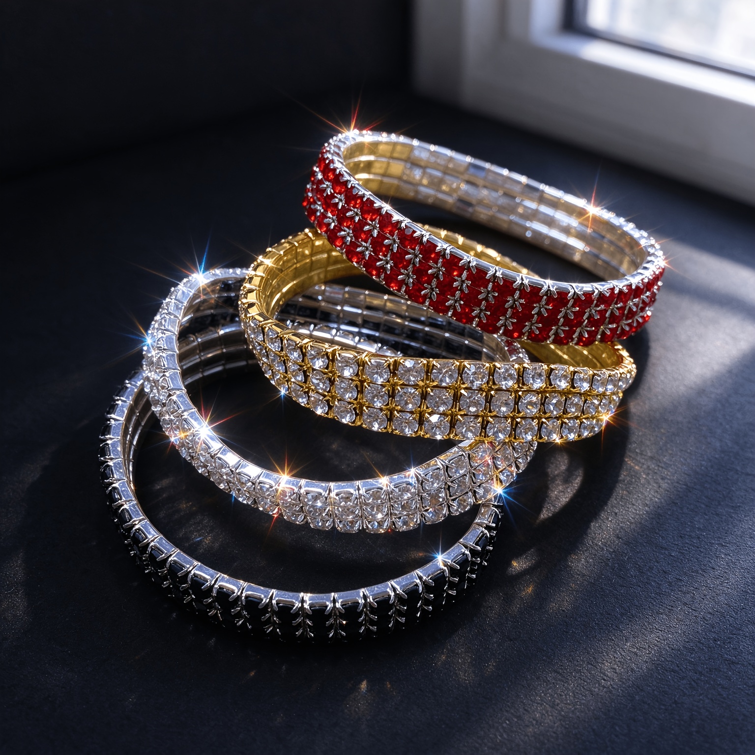 4pc Rhinestone Elastic Bangle 3-Row Bracelet Set
